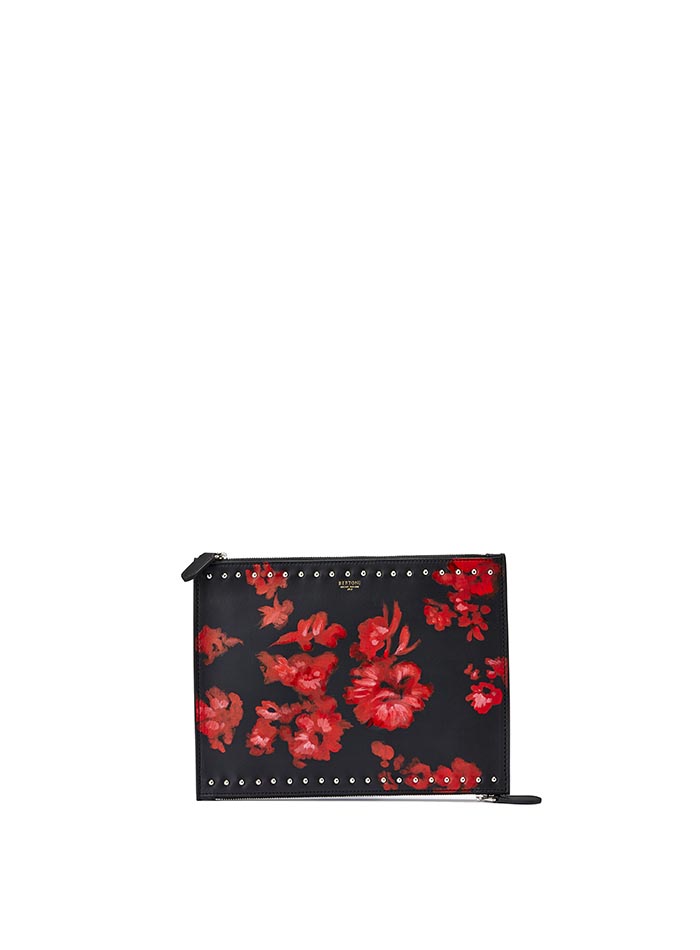 The black and red flowers french calf Zip Pouch by Bertoni 1949