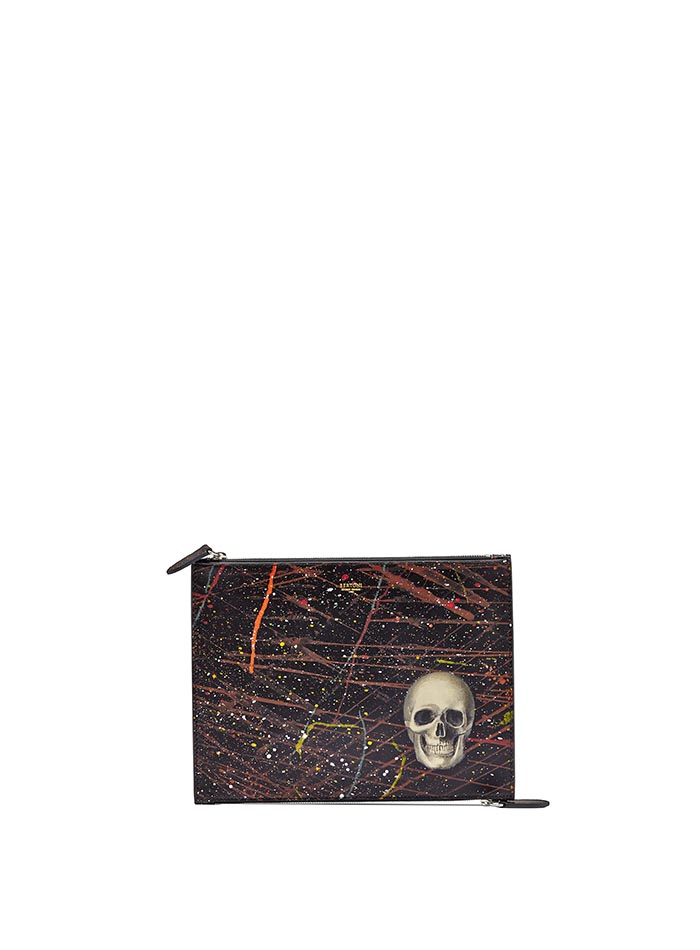 The black with skull french calf Zip Pouch by Bertoni 1949