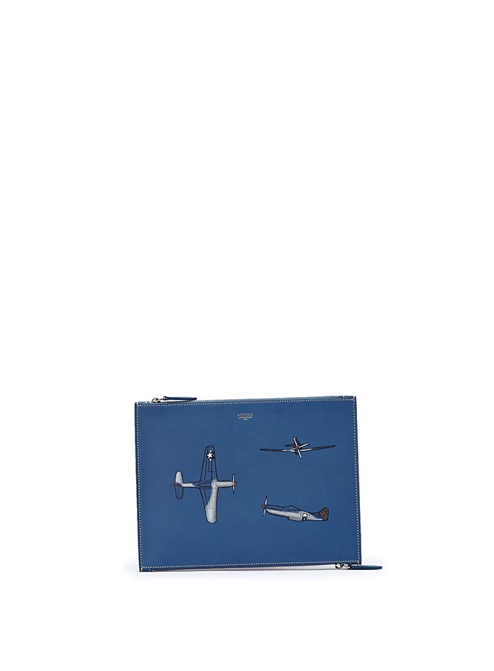 The blue french calf with hand painted aeroplane Zip Pouch by Bertoni 1949