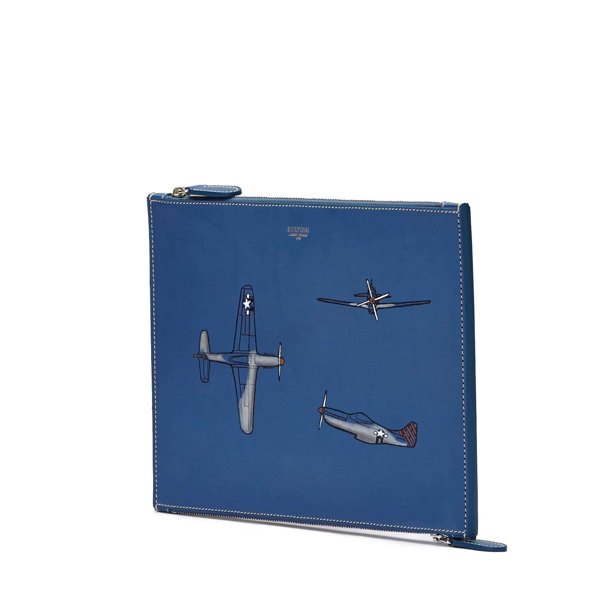 The blue french calf with hand painted aeroplane Zip Pouch by Bertoni 1949 02