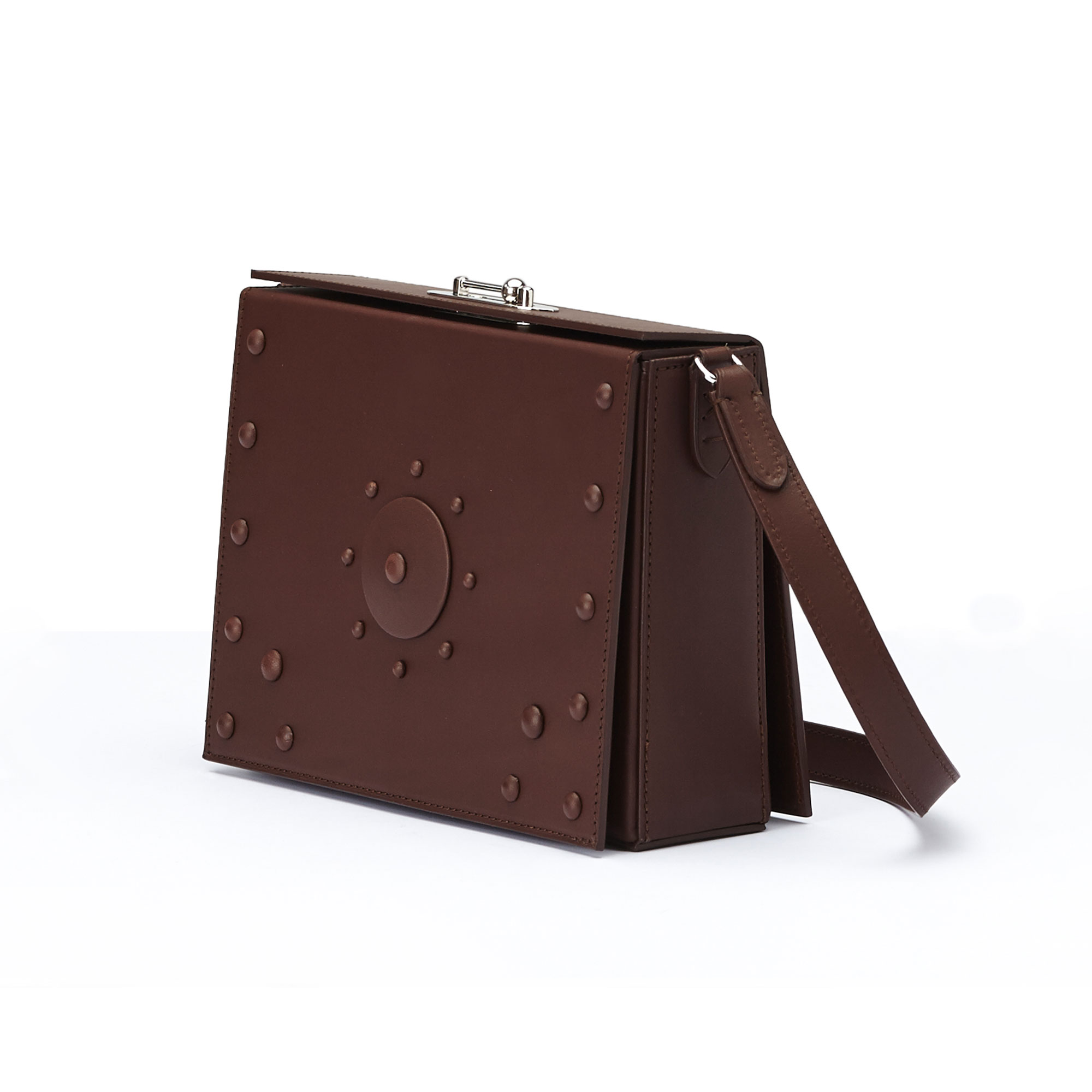 The brown french calf Gemma Crossbody with studs bag by Bertoni 1949 02