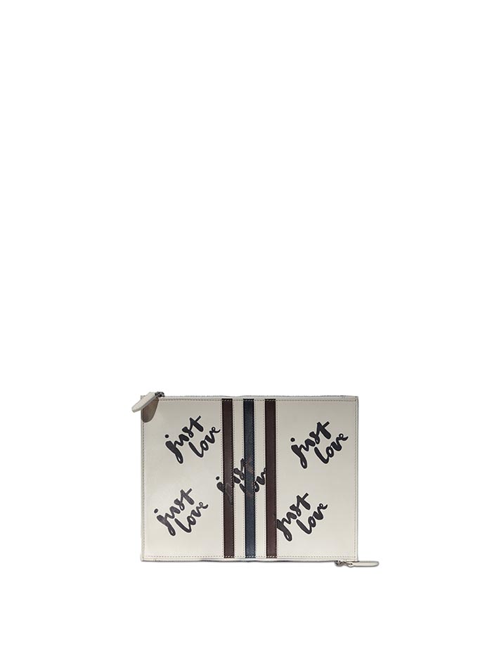 The ivory with stripes brown and navy french calf Zip Pouch by Bertoni 1949
