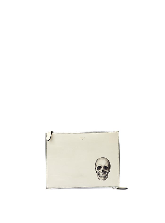 The Ivory with skull french calf Zip Pouch by Bertoni 1949
