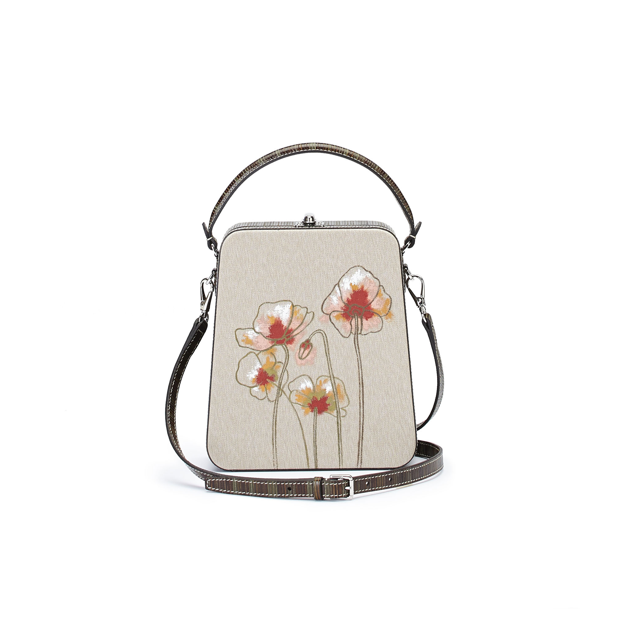 The military green with Poppy flowers wood leather canvas Tall Bertoncina bag by Bertoni 1949 03